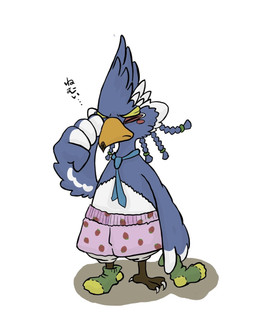 anthro beak blue_body blue_feathers boxers_(clothing) chibi clothing feathers footwear male rubbing_eyes socks solo text tired underwear okayu_kingdom breath_of_the_wild nintendo the_legend_of_zelda revali avian rito hi_res japanese_text