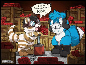 ambiguous_gender anthro black_hair black_nose blue_body blue_fur bodily_fluids dialogue dipstick_tail duo explosives eyewear fur goggles hair markings open_mouth sweat sweatdrop tail tail_markings text tnt o-kemono zekay canid canine domestic_ferret fox mammal mustelid musteline true_musteline weasel 2025 english_text