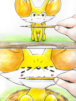 :3 ambiguous_gender blush blush_lines duo eyes_closed feral fur happy holding_object inner_ear_fluff object_in_mouth orange_body orange_eyes orange_fur paws pencil_(object) tail tail_motion tailwag tuft white_body white_fur yellow_body yellow_fur eiroru nintendo pokemon canid canine fennekin generation_6_pokemon human mammal pokemon_(species) 2025 3:4 comic graphite_(artwork) hi_res traditional_media_(artwork)