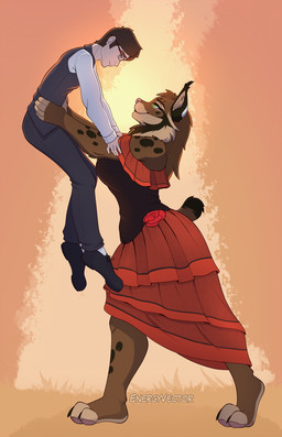 anthro bodice bottomwear breasts brown_body brown_fur brown_hair clothed clothing costume dancing dress duo female flower fur hair long_hair male male/female plant red_bottomwear red_clothing red_skirt red_sleeves rose_(flower) skirt smile tail tango_(dance) energyvector energy_(energyvector) ronja_lo bobcat felid feline human iberian_lynx lynx mammal hi_res
