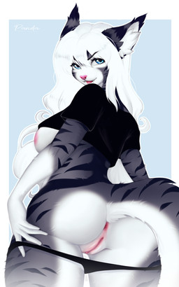 anthro anus areola black_clothing black_crop_top black_eyebrows black_panties black_shirt black_topwear black_underwear blue_eyes breasts butt clitoris clothed clothing crop_top eyebrows eyelashes fangs female fingers fur genitals grey_body grey_fur hair hair_between_eyes inner_ear_fluff long_hair looking_at_viewer looking_back looking_back_at_viewer open_mouth panties panties_down pantsless partially_clothed pink_anus pink_areola pink_nose presenting presenting_hindquarters rear_view shirt simple_background smile solo striped_body striped_fur stripes tail teeth topwear tuft underwear underwear_down vulva white_body white_fur white_hair bambolbi domestic_cat felid feline felis mammal colored digital_drawing_(artwork) digital_media_(artwork) hi_res portrait shaded three-quarter_portrait