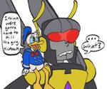 antennae_(anatomy) anthro duo humor insect_wings machine male red_visor sitting_on_shoulder size_difference teeth text visor_eyes wings wavewaveliker disney ducktales hasbro i_think_we're_gonna_have_to_kill_this_guy takara_tomy transformers donald_duck kickback_(transformers) anatid anseriform arthropod avian bird cybertronian duck humanoid insect insecticon robot robot_humanoid 6:5 english_text meme