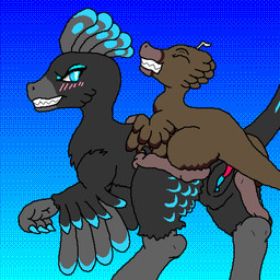 angry black_body black_feather_hair black_feathers blue_background blue_claws blue_vulva blush brown_body brown_feathers claws duo eyes_closed feathers female feral genitals gradient_background grey_body grey_feather_hair grey_feathers grin interspecies male male/female penetration penis pink_penis saurornithoides sex sickle_claw simple_background size_difference smile toe_claws vaginal vaginal_penetration vulva therealmessyroomguy1 erik_(therealmessyroomguy1) lumina_(therealmessyroomguy1) dinosaur dromaeosaurid feathered_dinosaur feathered_scalie prehistoric_species reptile saurischian scalie theropod 1:1 digital_media_(artwork) pixel_(artwork)