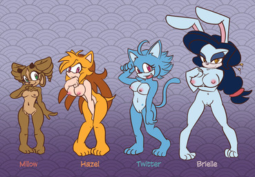 anthro areola big_breasts blue_body blue_fur blue_hair breasts brown_areola brown_body brown_eyes brown_fur brown_nipples eyelashes female fur genitals green_eyes group hair head_tuft horn looking_at_viewer nipples nude open_mouth orange_body orange_fur pattern_background pink_areola pink_nipples purple_background purple_eyes simple_background smile tan_body tan_fur thick_thighs tuft vulva wide_hips pervydoe sega sonic_the_hedgehog_(series) brielle_(pervydoe) hazel_(pervydoe) millow_(pervydoe) twitter_(pervydoe) bovid caprine domestic_cat eulipotyphlan felid feline felis hedgehog lagomorph leporid mammal rabbit sheep hi_res