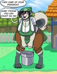 anthro apron bent_over big_breasts blush breasts bucket cleavage clothed clothing container dialogue female hanging_breasts huge_breasts open_mouth outside solo text thick_thighs wide_hips commanderthings nintendo pokemon pokemon_breeder taya_(taya_fluff) canid canine canis domestic_dog husky mammal nordic_sled_dog spitz absurd_res english_text hi_res