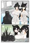 bath big_breasts black_hair breasts brown_eyes collarbone female feral grey_body group hair inner_ear_fluff looking_at_viewer male nude open_mouth sharp_teeth swimming teeth thigh_gap towel towel_on_head trio tuft water tulta_icon azur_lane godzilla_(series) toho atago_(azur_lane) godzilla takao_(azur_lane) animal_humanoid canid canid_humanoid canine canine_humanoid fox_humanoid human humanoid kaiju mammal mammal_humanoid scalie 2024 hi_res