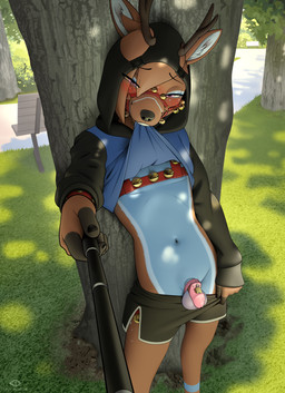 5_fingers anthro balls bell bench biped blue_balls blush bottomwear brown_body brown_hair chastity_cage chastity_device clothed clothing crop_top cropped_hoodie day femboy fingers genitals grass hair harness hood_up hoodie jingle_bell light looking_at_viewer male male_anthro multicolored_body outside park pink_chastity_cage pink_eyes plant presenting selfie selfie_stick shirt shorts solo sunlight topwear tree codyblue-731 deer mammal absurd_res hi_res