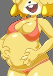 absurd_res animal_crossing anthro belly belly_focus big_belly big_breasts bikini bloated breasts canid canine canis clothing digital_media_(artwork) domestic_dog female hand_on_belly hand_on_own_belly hi_res isabelle_(animal_crossing) mammal navel nintendo open_mouth open_smile shih_tzu smile solo strawberrywith4 swimwear torso_shot toy_dog yellow_body