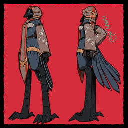 anthro apron arm_warmers armwear barefoot beak belt black_beak black_body black_feet black_hands black_scales black_scutes bottomless bra breasts brooch brown_clothing clipping clothed clothing clothing_markings digitigrade feathers feet female gold_trim grey_body grey_feathers hand_on_hip hood low_poly multicolored_clothing red_background red_clothing red_stripes red_underside scales scutes simple_background skimpy skimpy_dress solo stripes tail tail_feathers text thigh_jewelry two_tone_clothing underwear white_bra white_clothing white_underwear harpy_(artist) avian bird corvid oscine passerine 1:1 2026 3d_(artwork) 3d_model_showcase artist_name digital_media_(artwork) hi_res signature