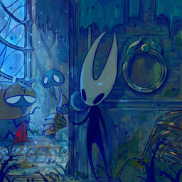 2_horns ambiguous_gender biped black_body black_eyes clothing detailed_background empty_eyes group holding_melee_weapon holding_object holding_weapon horn melee_weapon nude red_clothing sitting standing weapon window blipbugbug hollow_knight:_silksong hollow_knight_(franchise) team_cherry hornet_(hollow_knight) arthropod 1:1 2026 hi_res female_(lore)