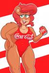 anthro beverage_can breasts butt butt_from_the_front cleavage clothed clothing female hair holding_object looking_at_viewer one-piece_swimsuit open_mouth red_hair solo swimwear teal_eyes text text_on_clothing text_on_swimwear acstlu coca-cola lizette mammal rodent sciurid tree_squirrel 2019 hi_res