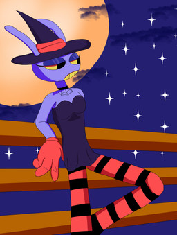anthro clothed clothing cloud fence handwear hat headgear headwear holidays legwear magic_user male moon night outside sky solo star starry_sky witch witch_costume witch_hat alessandrasnek glitch_productions halloween the_amazing_digital_circus jax_(tadc) humanoid lagomorph leporid mammal rabbit absurd_res digital_media_(artwork) hi_res