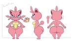 blue_eyes breasts female fur genitals pawpads paws pink_body pink_fur pussy short_stack small_breasts smug smug_face solo wide_hips gloryworm palworld pocketpair cattiva pal_(species) 16:9 hi_res model_sheet widescreen