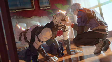 all_fours anthro bottomwear clothing cybernetic_leg cybernetic_limb detailed_background duo fingerless_gloves fur gloves grey_hair hair handwear jacket looking_at_another male pants red_eyes shirt tail topwear touching_face vest white_body white_fur rentigj mihoyo zenless_zone_zero von_lycaon wise_(zenless_zone_zero) canid canine canis human mammal wolf 2024 hi_res