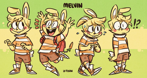 4_fingers anthro backpack biped bottomwear clothed clothing fingers footwear interrobang male open_mouth open_smile shirt shoes shorts smile socks solo tail topwear young young_anthro young_male z-t00n hoppscotch melvin_(hoppscotch) lagomorph leporid mammal rabbit