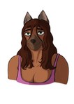 anthro breasts calm chubby_girly clothing eyebrows female hair half-closed_eyes long_hair mane mane_hair messy_hair narrowed_eyes natural overweight pink_clothing pink_shirt pink_tank_top pink_topwear pretty_face shirt shy_smile smile smirk snout solo tank_top thick_eyebrows topwear dennismitterer canid canine canis domestic_dog german_shepherd herding_dog mammal pastoral_dog absurd_res hi_res portrait
