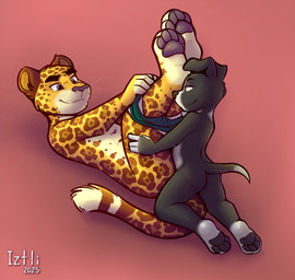 4_fingers anthro anthro_on_anthro duo eyebrows fingers floppy_ears interspecies male male/male pawpads tail young young_anthro young_male iztli iztli_(iztli) canid canine canis domestic_dog felid jaguar mammal pantherine 2025