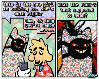 aloha_shirt anthro cartoon_gloves cellphone clothing dialogue duo electronics facial_markings floppy_ears fur half-closed_eyes head_markings humor male markings mask_(marking) narrowed_eyes pattern_clothing pattern_shirt pattern_topwear phone shirt smartphone speech_bubble text topwear yellow_body yellow_fur rawdawgcomics julian_(rawdawgcomics) stahli_(rawdawgcomics) ambiguous_species bird_dog canid canine canis domestic_dog golden_retriever hunting_dog mammal retriever 5:4 comic english_text
