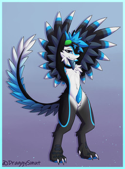 anthro bedroom_eyes biped black_body black_feathers black_fur blue_body blue_border blue_feathers blue_fur blue_penis blue_sclera border cheek_tuft chest_tuft claws erection eyewear eyewear_only facial_tuft feathers fur genitals glistening glistening_eyes goggles goggles_only gradient_background looking_at_viewer male narrowed_eyes navel nude paws penis pose raised_wings seductive simple_background slim small_waist solo standing tail tapering_penis tuft white_body white_feathers white_fur winged_arms wings draggyavali kodai_(locoroo) avali digital_drawing_(artwork) digital_media_(artwork) full-length_portrait hi_res portrait signature