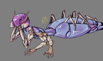 antennae_(anatomy) anthro arthropod_abdomen big_tail black_eyes blue_body compound_eyes exoskeleton female grey_background lying mandibles multi_arm multi_limb ocellis on_front pink_face simple_background solo tail sun_bug scolopendra_girl_(sun_bug) arthropod centipede insect myriapod scolopendra hi_res