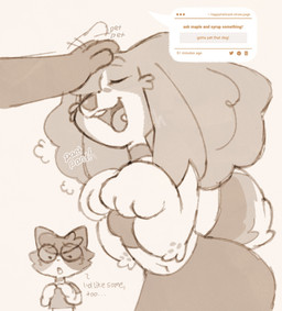 anthro ask_blog breath collar disembodied_hand enjoying eyewear female glasses headpat male navel open_mouth panting paws petting petting_request text text_box puppeypawbs maple_(puppeypawbs) syrup_(puppeypawbs) calico_cat canid canine canis domestic_cat domestic_dog felid feline felis mammal 2025 english_text hi_res