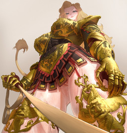 animal_ears animal_tail armor big_breasts blonde_hair blue_eyes breasts clothed clothing eyelashes female front_view genitals gold_(metal) gold_armor hair holding_leash holding_object leash leashed_viewer long_hair low-angle_view pubes pupils slit_pupils smile solo tail tail_tuft tan_body tan_skin thick_thighs tuft upskirt vulva wide_hips wassnonnam animal_humanoid felid felid_humanoid humanoid lion_humanoid mammal mammal_humanoid pantherine pantherine_humanoid absurd_res hi_res