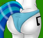 2014 anthro blue_hair butt butt_shot clothing cutie_mark equid equine fableiii female friendship_is_magic glistening green_background hair hasbro hi_res horse mammal my_little_pony panties pony rear_view simple_background solo underwear vinyl_scratch_(mlp) white_body white_skin