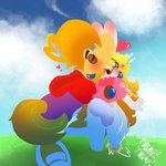 3_toes 4_fingers anthro big_nose black_eyebrows blonde_hair blue_ear_piercing blue_eyes blue_sky blush bottomless bottomless_anthro bottomless_female brown_eyelids buckteeth clothed clothed_anthro clothed_female clothed_humanoid clothed_male clothing cloud day duo exclamation_point eyebrows eyes_closed feet female fingers fluffy fluffy_tail footwear fur gloves grass hair handwear heart_symbol hoodie interspecies kissing_cheek light long_ears long_hair male male/female multicolored_body noseless onomatopoeia open_mouth open_smile outside pink_clothing pink_shirt pink_topwear plant purple_clothing purple_hoodie purple_topwear red_tongue romantic romantic_couple shirt shoes short_hair size_difference sky smaller_anthro smile sound_effects standing stomping tail tan_body tan_inner_ear tan_skin teeth text toes tongue topwear two_tone_body white_body white_clothing white_fur white_gloves white_handwear yellow_body yellow_clothing yellow_footwear yellow_shoes yellow_skin yellow_tail flamigoat mario_bros mario_plus_rabbids_kingdom_battle mario_plus_rabbids_sparks_of_hope nintendo raving_rabbids rayman_(series) ubisoft rabbid_peach rayman humanoid lagomorph mammal rabbid raypeople_(rayman) 1:1 2025 artist_name colored crossover digital_drawing_(artwork) digital_media_(artwork) hi_res lighting lineless shaded