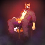 anthro balls black_clothing black_footwear black_shoes chair clothed clothing erection footwear fur furniture genitals green_eyes grey_clothing grey_overalls hair humanoid_genitalia humanoid_penis male markings narrowed_eyes open_overalls orange_hair orange_markings orange_penis overalls penis red_backlighting short_hair simple_background sitting solo white_body white_fur yellow_balls yellow_body yellow_fur seraphictiger canid canine mammal 1:1 hi_res