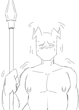 blush horn male melee_weapon nipple_piercing nipples piercing polearm shaking slightly_chubby solo spear weapon jordo_(artist) demon humanoid hi_res monochrome
