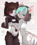 anthro bald_tail black_body blue_eyes blush bottomwear breasts butt cat_costume cat_panties cat_print cat_print_underwear cat_underwear clothed clothing costume duo ear_piercing female female/female footprint freckles fur hair hug looking_at_viewer markings nude open_mouth panties pawprint pawprint_(marking) piercing pink_eyes ring_piercing short_hair short_tail simple_background smile suit tail text topwear underwear white_body white_fur young janiskisa bear giant_panda lagomorph mammal mouse murid murine rodent digital_media_(artwork) english_text hi_res