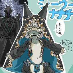 ambiguous_gender anthro armor black_armor black_clothing black_coat black_suit black_topwear blue_clothing bottomwear brown_body brown_fur claws clothed clothing coat cosplay crossover_cosplay eyebrows female feral finger_claws flat_chested fur furgonomic_headwear furgonomics gold_(metal) gold_jewelry grey_hair group hair harem_outfit headdress hood jewelry kerchief loincloth looking_at_viewer male mask missing_eye multicolored_body multicolored_fur navel neckerchief neckwear open_clothing open_mouth open_smile open_topwear pose puffy_pants puffy_sleeves simple_background smile solo_focus speech_bubble suit tan_body tan_fur tassels text topwear trio veil wearing_mask whiskers white_eyebrows wide_hips yellow_eyes itidesu_zoe capcom made_in_abyss monster_hunter bondrewd mitty nanachi human lagomorph mammal monster narehate 1:1 2025 aliasing binary_drawing crossover digital_drawing_(artwork) digital_media_(artwork) hi_res japanese_text portrait three-quarter_portrait translated