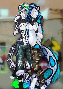 anthro barefoot black_nose black_spots blue_hair blue_nipples blue_spots bottomwear bracelet breast_squish breasts breasts_frottage camo camo_bottomwear camo_clothing camo_pants camo_print clothed clothing collar digitigrade duo exposed_breasts facial_piercing feet female fur green_eyes grey_body grey_fur hair hand_on_hip hoodie jewelry looking_at_viewer markings navel nipple_piercing nipples nose_piercing pants partially_clothed pattern_bottomwear pattern_clothing pattern_pants piercing pink_nose raised_clothing raised_hoodie raised_topwear smile spots spotted_body spotted_fur squish standing tongue tongue_out topwear white_body white_fur lycangel alicia_(northwynd) lyci_(lycangel) clouded_leopard domestic_cat felid feline felis leopard mammal pantherine 2017 digital_media_(artwork) hi_res