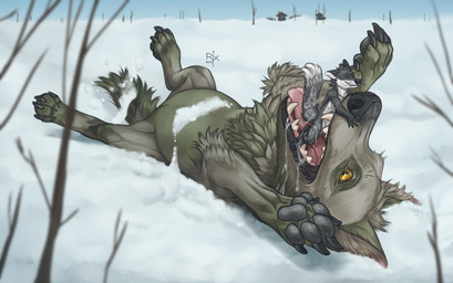 anthro black_claws black_nose black_pawpads blue_sky blurred_background bodily_fluids body_in_mouth claws closed_smile drooling duo featureless_crotch fur glistening glistening_eyes green_body green_fur grey_body grey_fur in_mouth leg_tuft logo looking_pleasured lying male micro mouth_closed mouth_play nude on_back orange_eyes pawpads red_tongue saliva sky smile snow tongue tongue_out tuft white_body white_fur riorix canid canine canis mammal wolf 2019 artist_logo dated