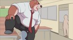 anthro belly big_belly black_nose blush bottomwear brown_body classroom clothing detailed_background group heart_symbol inside kemono male necktie overweight overweight_male pants school shirt surprise topwear 00murice bear mammal 2023