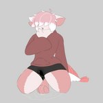 accident anthro blue_mouth bodily_fluids bottomwear boy_shorts clothed clothing ears_down embarrassed femboy fluffy fluffy_tail fur genital_fluids grey_background hair hair_over_eyes hand_on_chest hoodie hotpants kneeling looking_down male neck_tuft omorashi open_mouth oversized_sleeves peeing pink_body pink_fur pink_hair pivoted_ears scales shorts simple_background sleeves_past_wrists solo tail topwear tuft underwear urine urine_stream watersports wet wet_clothing wetting white_body white_fur gneffbutter spip_(gneffbutter) arthropod crustacean domestic_cat felid feline felis hybrid mammal marine shrimp 1:1 absurd_res digital_media_(artwork) hi_res