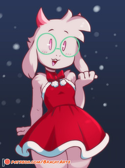 anthro blush bow_ribbon christmas_clothing clothed clothing crossdressing dress eyewear fur glasses holidays horn male patreon_username simple_background skimpy smile snow solo text wearing_glasses white_body white_fur brachyzoid christmas deltarune undertale_(series) ralsei bovid caprine goat mammal 2022 colored url