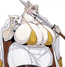 anthro big_breasts bikini bikini_top breasts clothing cocktail_glass container cup drinking_glass elderly_female facial_scar female glass glass_container glass_cup huge_breasts katana looking_at_viewer mature_anthro mature_female melee_weapon overweight overweight_anthro overweight_female professional_clothes scar solo stretch_marks swimwear sword thick_thighs two-piece_swimsuit vein veiny_breasts weapon wide_hips cosmicdanger kasumi_(homura) felid lion mammal pantherine hi_res