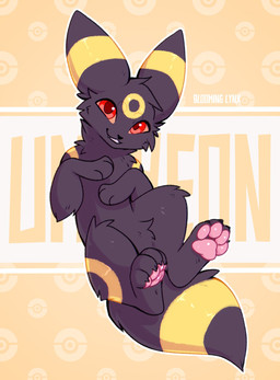 ambiguous_feral ambiguous_gender black_body black_fur black_nose black_tail feral fur looking_at_viewer markings orange_sclera pattern_background pawpads pink_pawpads red_eyes simple_background smile solo tail yellow_markings yellow_tail bloominglynx nintendo pokemon eeveelution generation_2_pokemon pokemon_(species) umbreon digital_drawing_(artwork) digital_media_(artwork) hi_res
