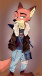 anthro bandage blood bodily_fluids brown_body brown_fur clothed clothing fully_clothed fur gradient_fur green_eyes male orange_body orange_fur solo standing tan_body tan_fur bubblecop disney zootopia nick_wilde canid canine fox mammal red_fox true_fox hi_res signature