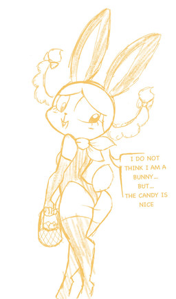 accessory anthro bow_ribbon braided_hair buckteeth bunny_costume butt clothing costume dialogue egg fake_ears fake_rabbit_ears female footwear hair hair_accessory hair_bow hair_ribbon jewelry legwear looking_back necklace rear_view ribbons scut_tail short_tail smile socks solo stockings tail teeth text shinkaku cartoon_network foster's_home_for_imaginary_friends eurotrish hi_res sketch