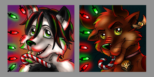 anthro black_body black_fur black_hair brown_body brown_fur candy_in_mouth cheek_tuft ear_piercing facial_tuft fur glistening glistening_eyes green_eyes hair looking_at_viewer male open_mouth piercing pink_tongue red_eyes solo string_lights tongue tongue_out tuft white_body white_fur yellow_sclera yaoifairy drood kritter_(kritterfox) bust_portrait multiple_images portrait