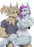 anthro clothed clothing couples duo female green_eyes hair holding_face male muscular muscular_anthro muscular_female muscular_male on_lap purple_hair romantic shirt simple_background sitting sitting_on_lap snout topwear yellow_eyes dziero canid canine canis fish mammal marine shark wolf 2024 digital_media_(artwork) hi_res