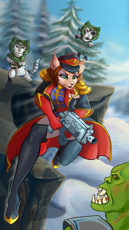 anthro armor astra_militarum black_boots black_clothing black_footwear bolter boots clothing commissar cosplay crossover_cosplay female female_focus fight footwear gloves green_eyes group handwear hat headgear headwear helmet high_heeled_boots high_heels holding_object holding_weapon imperial_guard legwear makeup military_cap military_uniform ranged_weapon red_clothing red_gloves red_handwear shoes simple_background tan_body thigh_boots thigh_highs uniform weapon amber_wind disney treasure_planet warhammer_(franchise) warhammer_40000 captain_amelia domestic_cat felid feline felis mammal orc 2024 9:16 crossover digital_media_(artwork) full-length_portrait hi_res portrait shaded signature