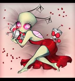 antennae_(anatomy) bed_sheet bedding black_bars blush butt clothing curious dress eyelashes feet female green_body group grumpy legs_together looking_at_viewer pak petals pink_eyes presenting presenting_hindquarters red_clothing red_dress rose_petals size_difference slim smaller_female yzomiris invader_zim nickelodeon invader_tenn alien humanoid irken sir_unit hi_res letterbox