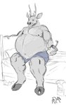 anthro bed belly belly_hair big_belly body_hair burger chest_hair clothing container cup drinking_straw fast_food food food_bag furniture male musclegut muscular nipples overweight pillow sitting solo text underwear wide_hips pacific_coyote kent_(pacific_coyote) deer mammal 2022 5:8 hi_res monochrome sketch