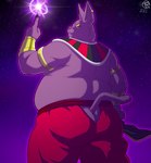 anthro belly butt ear_piercing ear_ring energy_ball gold_(metal) gold_jewelry jewelry looking_back male overweight overweight_anthro overweight_male piercing purple_body rear_view ring_piercing solo trashtoonz dragon_ball dragon_ball_super champa alien domestic_cat felid feline felis mammal hi_res