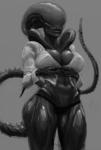 alien alien_(franchise) big_breasts black_body black_skin breasts clothed clothing digital_media_(artwork) eyeless female humanoid lips monochrome monster nihilophant not_furry seductive shirt simple_background smile solo tail topwear unbuttoning underwear undressing wide_hips xenomorph