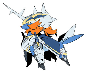 accessory all_fours ambiguous_gender armor black_necktie blue_body cloak clothing feral freckled_face freckles green_eyes hair horn melee_weapon mouth_closed necktie orange_hair orange_whiskers pink_nose pokefication scabbard sharp_teeth shell side_view silver_(metal) simple_background snout solo sword tail teeth weapon whiskers white_background zwei_association kgdjeisk limbus_company nintendo pokemon project_moon ishmael_(limbus_company) generation_5_pokemon pokemon_(species) samurott 2026 crossover hi_res female_(lore)