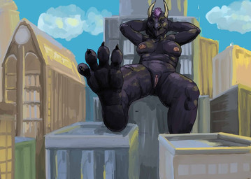 anthro big_breasts biped black_body breasts building city claws cloud cloudy_sky day detailed_background feet female female_anthro genitals hair hands_behind_head horn looking_at_viewer macro macro_anthro macro_female nipples nude nude_female pink_nipples purple_hair sitting sky skyscraper smile solo vulva jeri_kleinlowe mythology dragon mythological_creature mythological_scalie scalie 2011 colored
